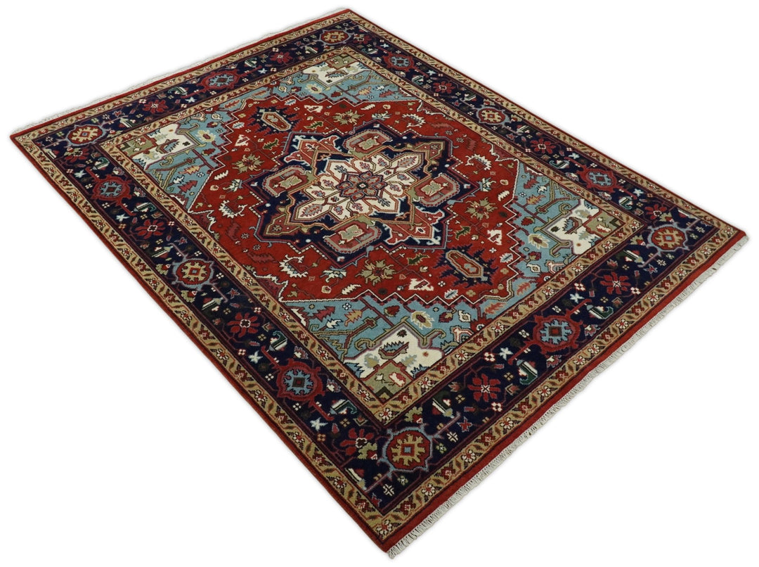 3x5, 5x8 and 8x10 Rust and Blue Hand Knotted Traditional Persian Heriz Serapi Rug | TRDCP190 - The Rug Decor