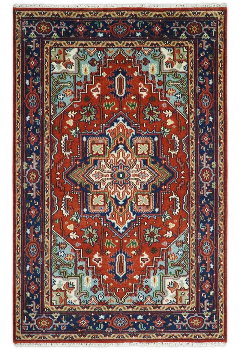 3x5, 5x8 and 8x10 Rust and Blue Hand Knotted Traditional Persian Heriz Serapi Rug | TRDCP190 - The Rug Decor