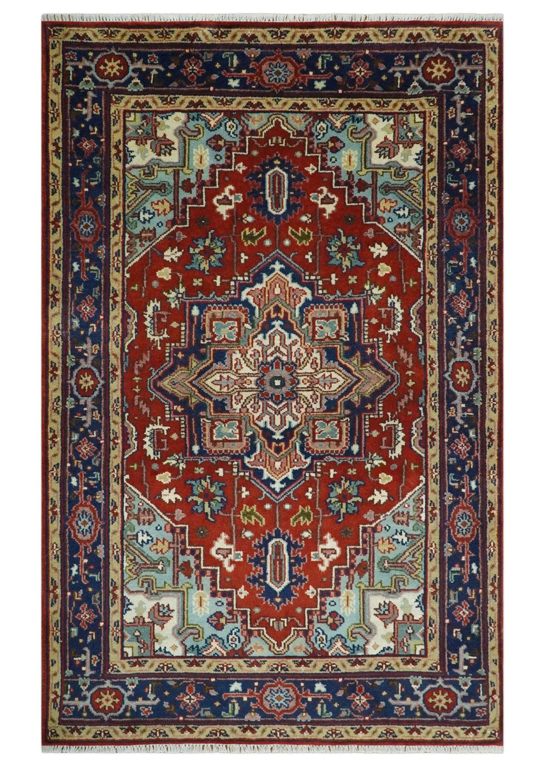 3x5, 5x8 and 8x10 Rust and Blue Hand Knotted Traditional Persian Heriz Serapi Rug | TRDCP190 - The Rug Decor
