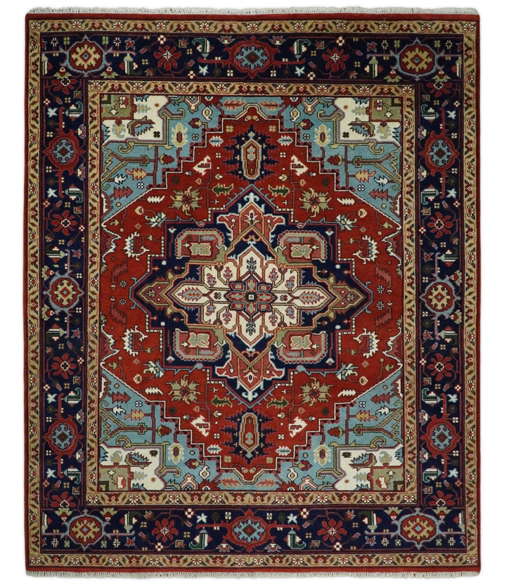 3x5, 5x8 and 8x10 Rust and Blue Hand Knotted Traditional Persian Heriz Serapi Rug | TRDCP190 - The Rug Decor