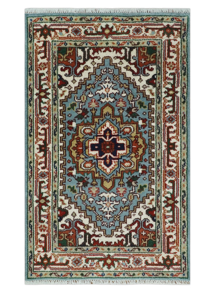 3x5 and 4x6 Mustard, Aqua and Ivory and Brown Traditional Hand knotted wool Area Rug - The Rug Decor