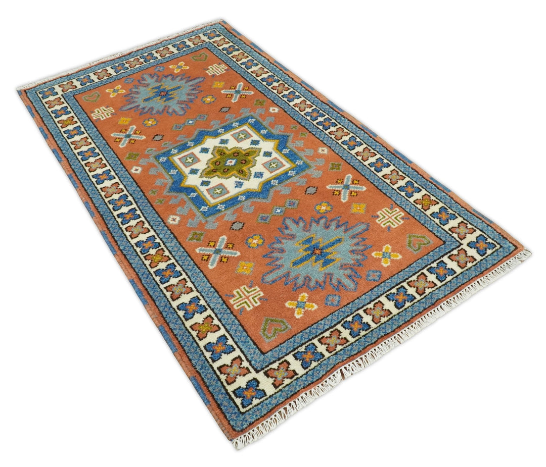 3x5 Rust and BIue Wool Hand Knotted traditional Vintage Antique Southwestern Tribal Kazak | TRDCP38135 - The Rug Decor