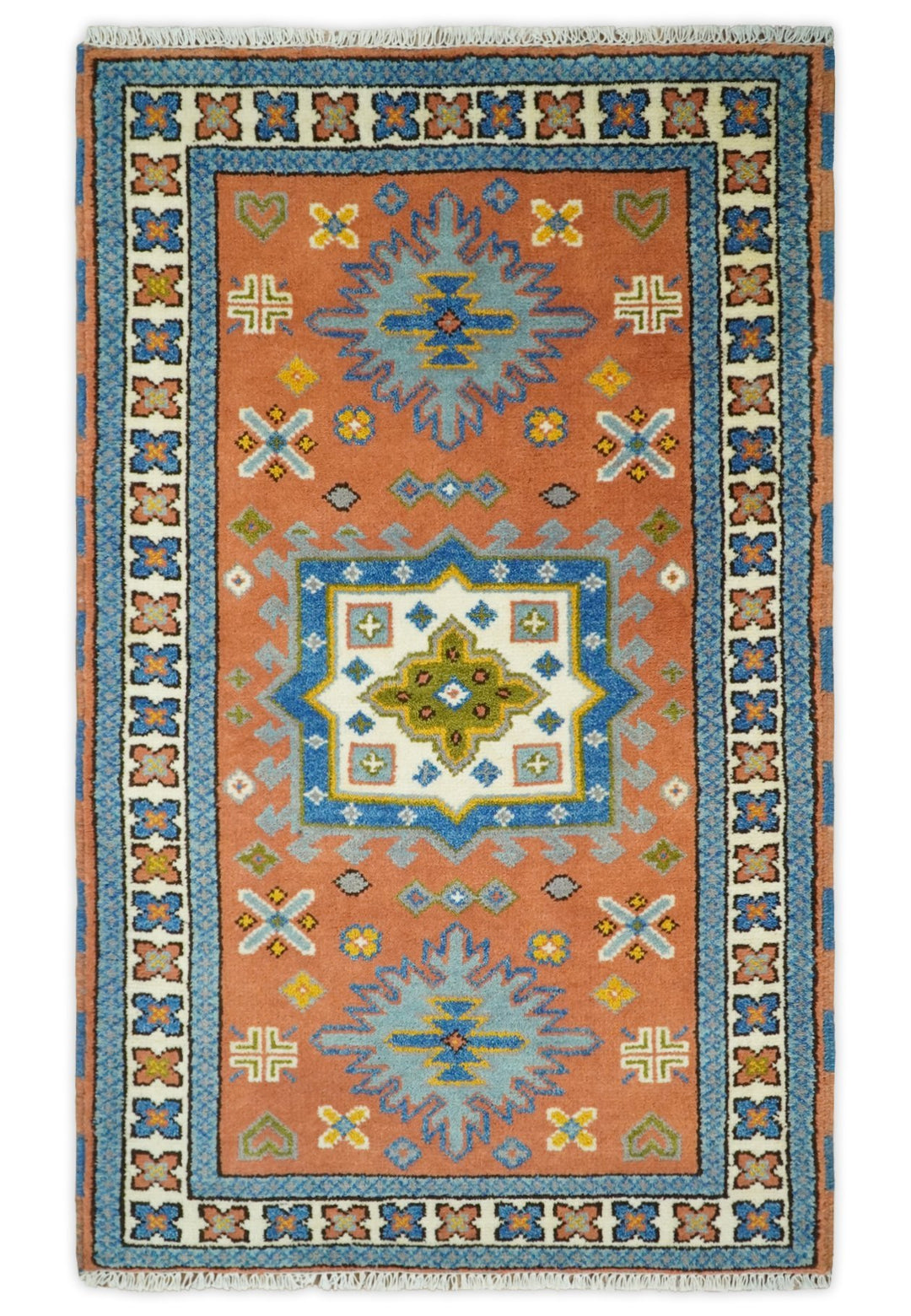 3x5 Rust and BIue Wool Hand Knotted traditional Vintage Antique Southwestern Tribal Kazak | TRDCP38135 - The Rug Decor