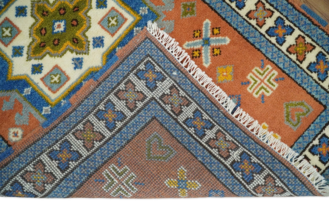 3x5 Rust and BIue Wool Hand Knotted traditional Vintage Antique Southwestern Tribal Kazak | TRDCP38135 - The Rug Decor