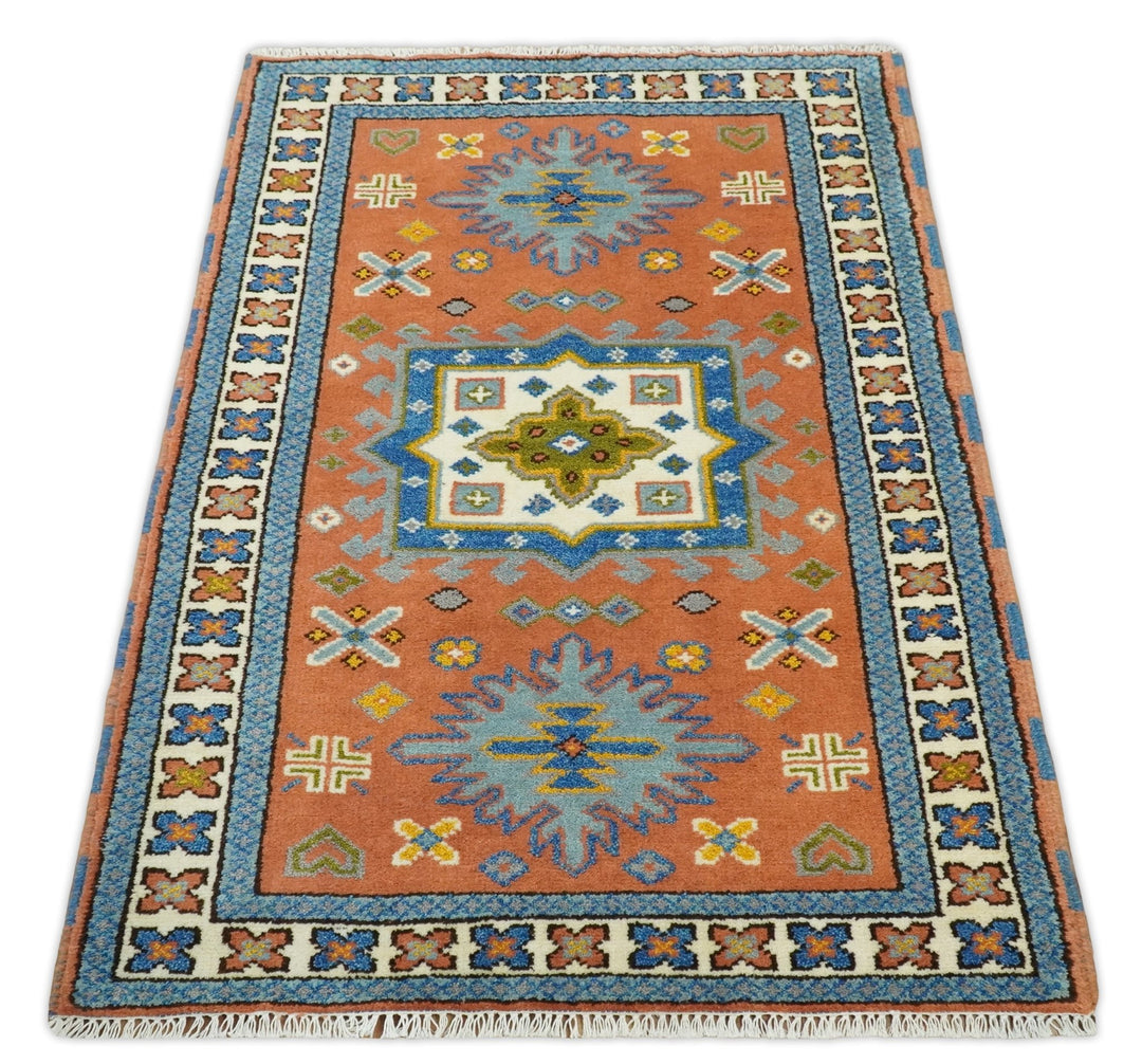 3x5 Rust and BIue Wool Hand Knotted traditional Vintage Antique Southwestern Tribal Kazak | TRDCP38135 - The Rug Decor