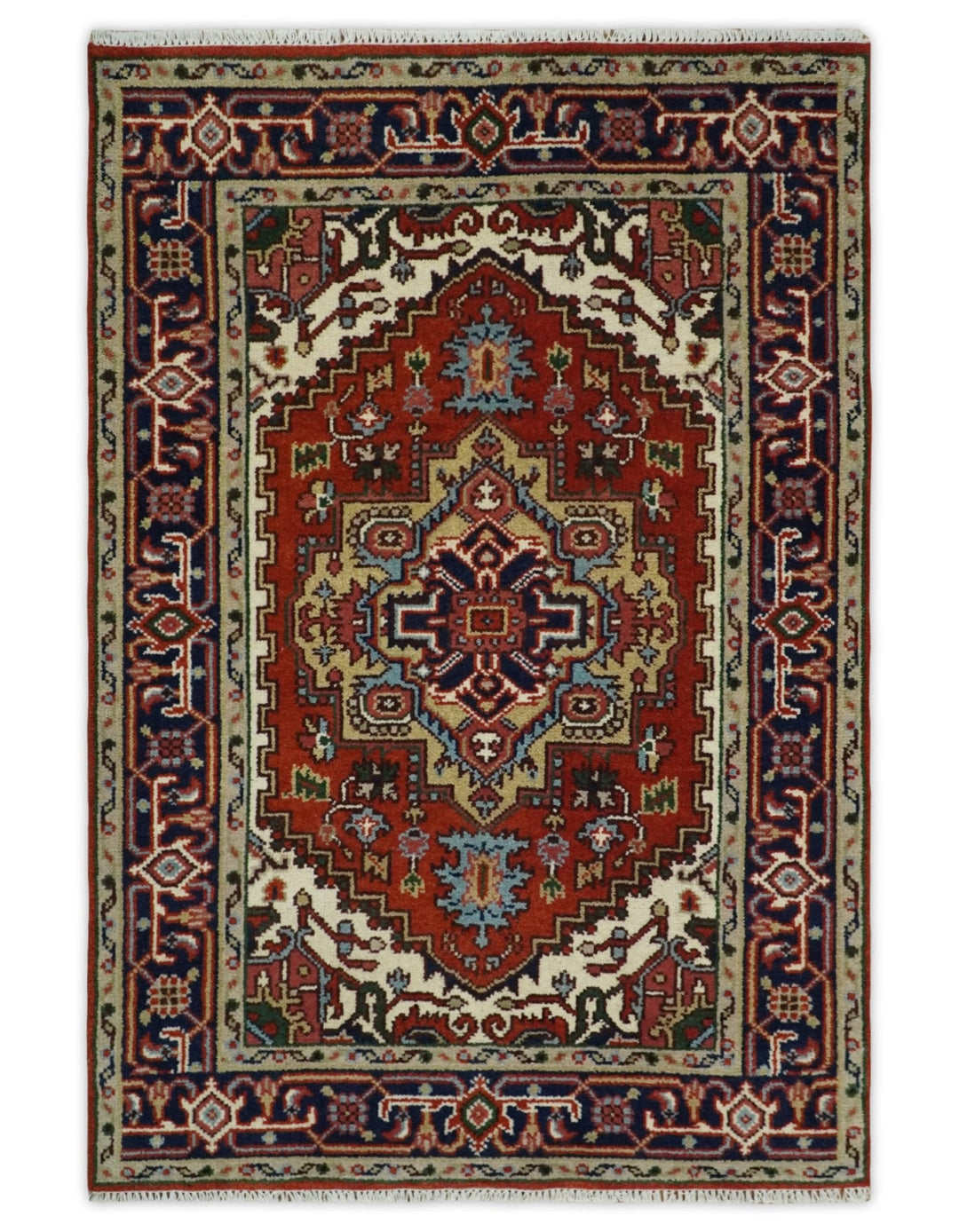 3x5,4x6, 5x8, 8x10, 9x12 and 12x15 Rust and Blue Hand Knotted Traditional Antique Persian Design Wool Rug | TRDCP385810 - The Rug Decor