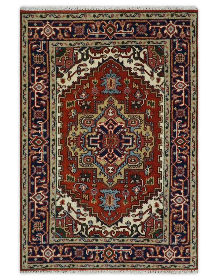 3x5,4x6, 5x8, 8x10, 9x12 and 12x15 Rust and Blue Hand Knotted Traditional Antique Persian Design Wool Rug | TRDCP385810 - The Rug Decor