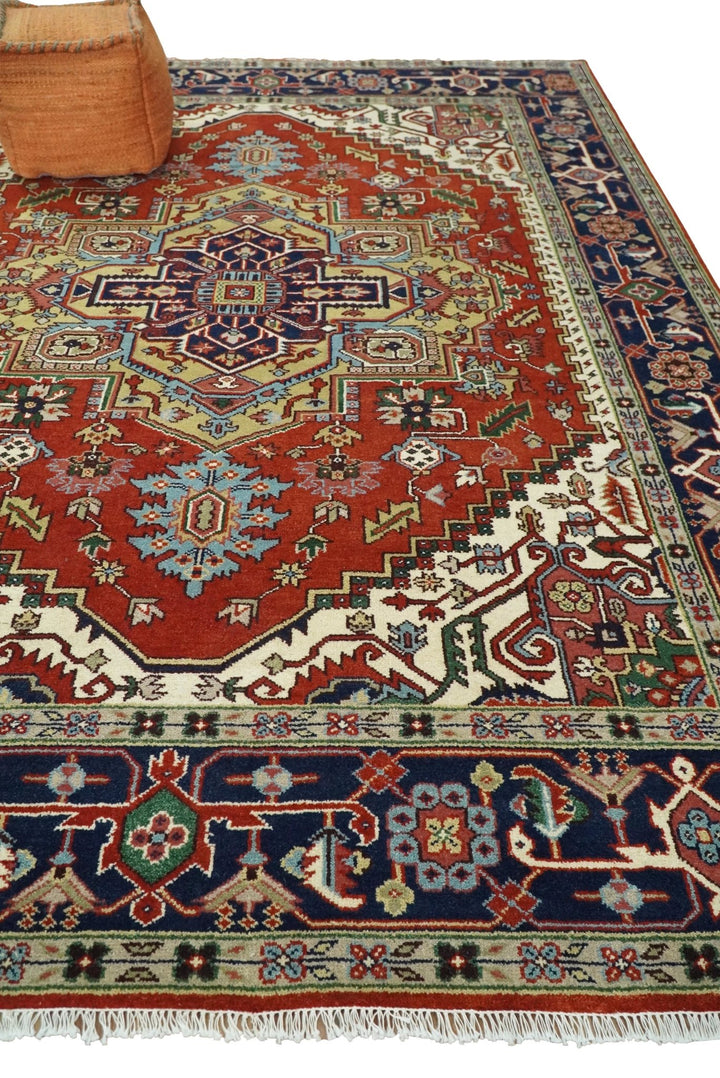 3x5,4x6, 5x8, 8x10, 9x12 and 12x15 Rust and Blue Hand Knotted Traditional Antique Persian Design Wool Rug | TRDCP385810 - The Rug Decor