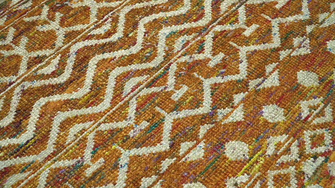 9x12 Hand Knotted Gold and White Modern Contemporary Southwestern Tribal Trellis Recycled Silk Area Rug | OP16