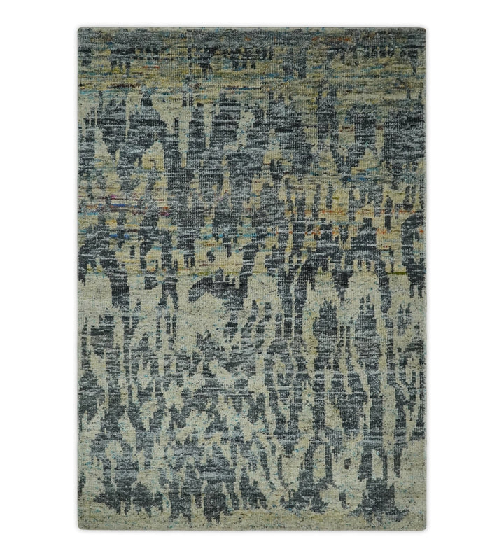 4.5x6.5 Hand Knotted Beige, Camel and Charcoal Modern Abstract Contemporary Recycled Silk Area Rug | OP127 - The Rug Decor