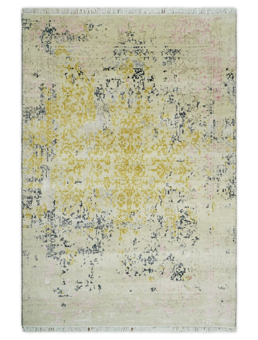 4x6 Fine Hand Knotted Gold, Gray and Ivory Modern Abstract Wool and SIlk Area Rug | AGR17 - The Rug Decor