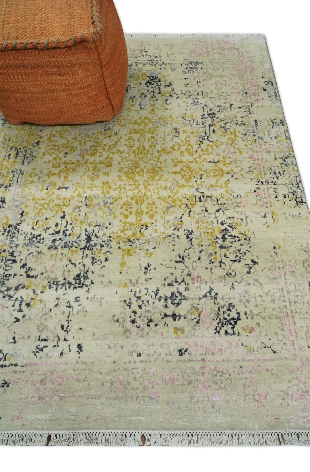 4x6 Fine Hand Knotted Gold, Gray and Ivory Modern Abstract Wool and SIlk Area Rug | AGR17 - The Rug Decor