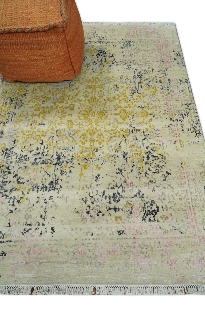 4x6 Fine Hand Knotted Gold, Gray and Ivory Modern Abstract Wool and SIlk Area Rug | AGR17 - The Rug Decor