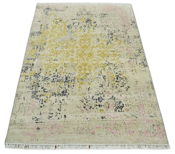 4x6 Fine Hand Knotted Gold, Gray and Ivory Modern Abstract Wool and SIlk Area Rug | AGR17 - The Rug Decor