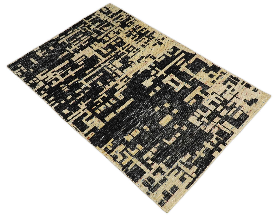 4x6 Hand Knotted Camel and Black Modern Abstract Contemporary Recycled Silk Area Rug | OP54 - The Rug Decor