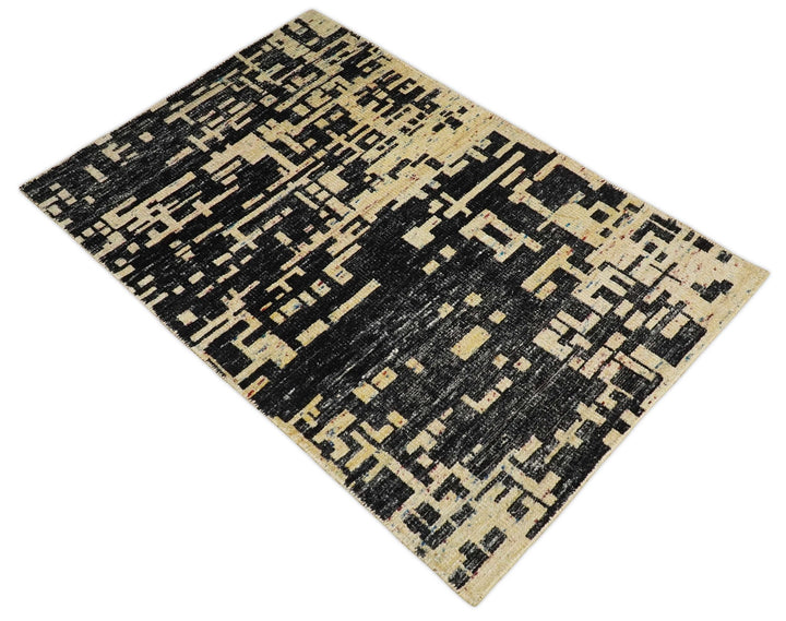 4x6 Hand Knotted Camel and Black Modern Abstract Contemporary Recycled Silk Area Rug | OP54 - The Rug Decor