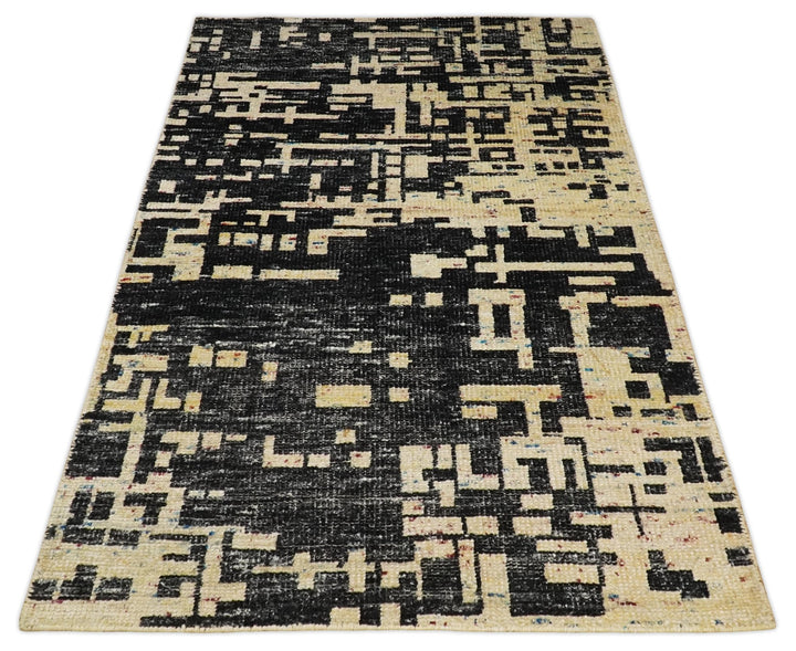 4x6 Hand Knotted Camel and Black Modern Abstract Contemporary Recycled Silk Area Rug | OP54 - The Rug Decor
