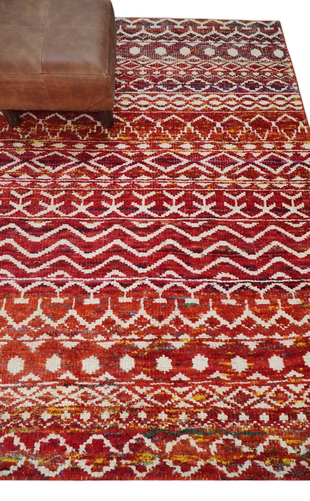 4x6 Hand Knotted Red and White Modern Contemporary Southwestern Tribal Trellis Recycled Silk Area Rug | OP60 - The Rug Decor