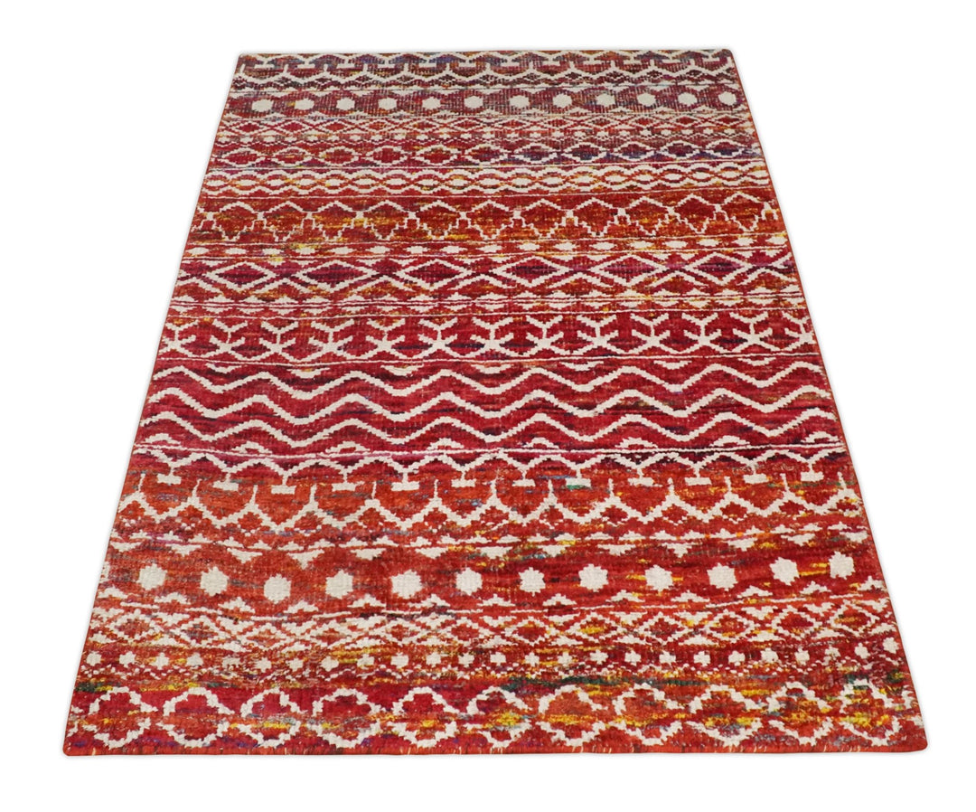 4x6 Hand Knotted Red and White Modern Contemporary Southwestern Tribal Trellis Recycled Silk Area Rug | OP60 - The Rug Decor
