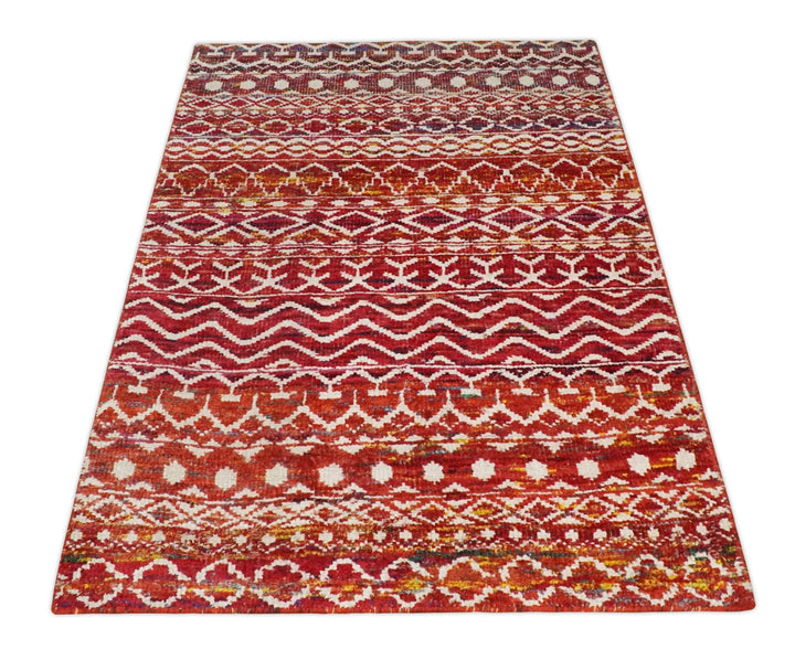 4x6 Hand Knotted Red and White Modern Contemporary Southwestern Tribal Trellis Recycled Silk Area Rug | OP60 - The Rug Decor