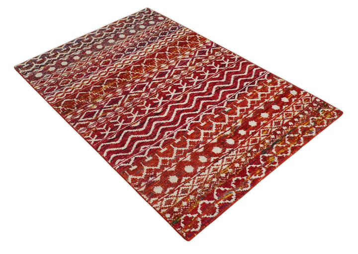 4x6 Hand Knotted Red and White Modern Contemporary Southwestern Tribal Trellis Recycled Silk Area Rug | OP60 - The Rug Decor