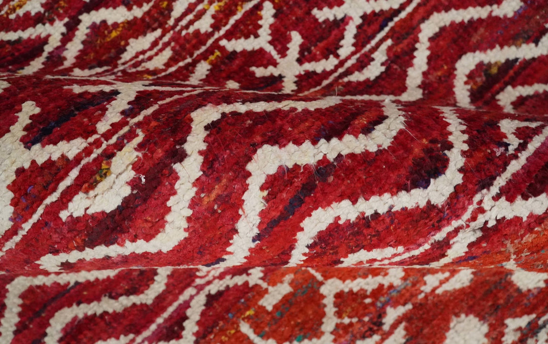 4x6 Hand Knotted Red and White Modern Contemporary Southwestern Tribal Trellis Recycled Silk Area Rug | OP60 - The Rug Decor