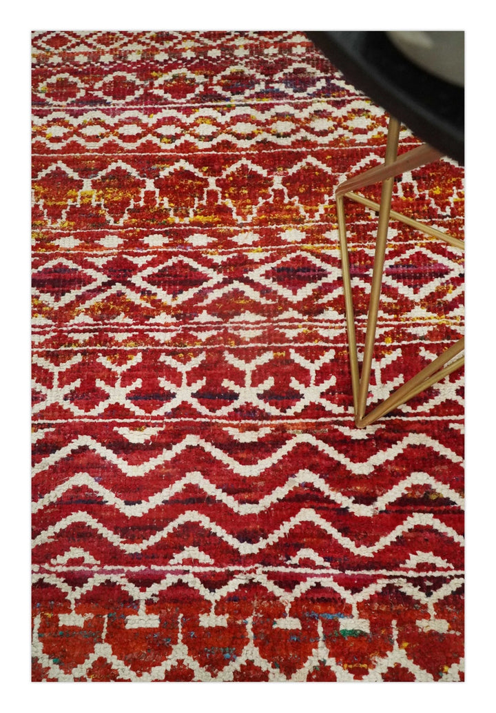 4x6 Hand Knotted Red and White Modern Contemporary Southwestern Tribal Trellis Recycled Silk Area Rug | OP60 - The Rug Decor