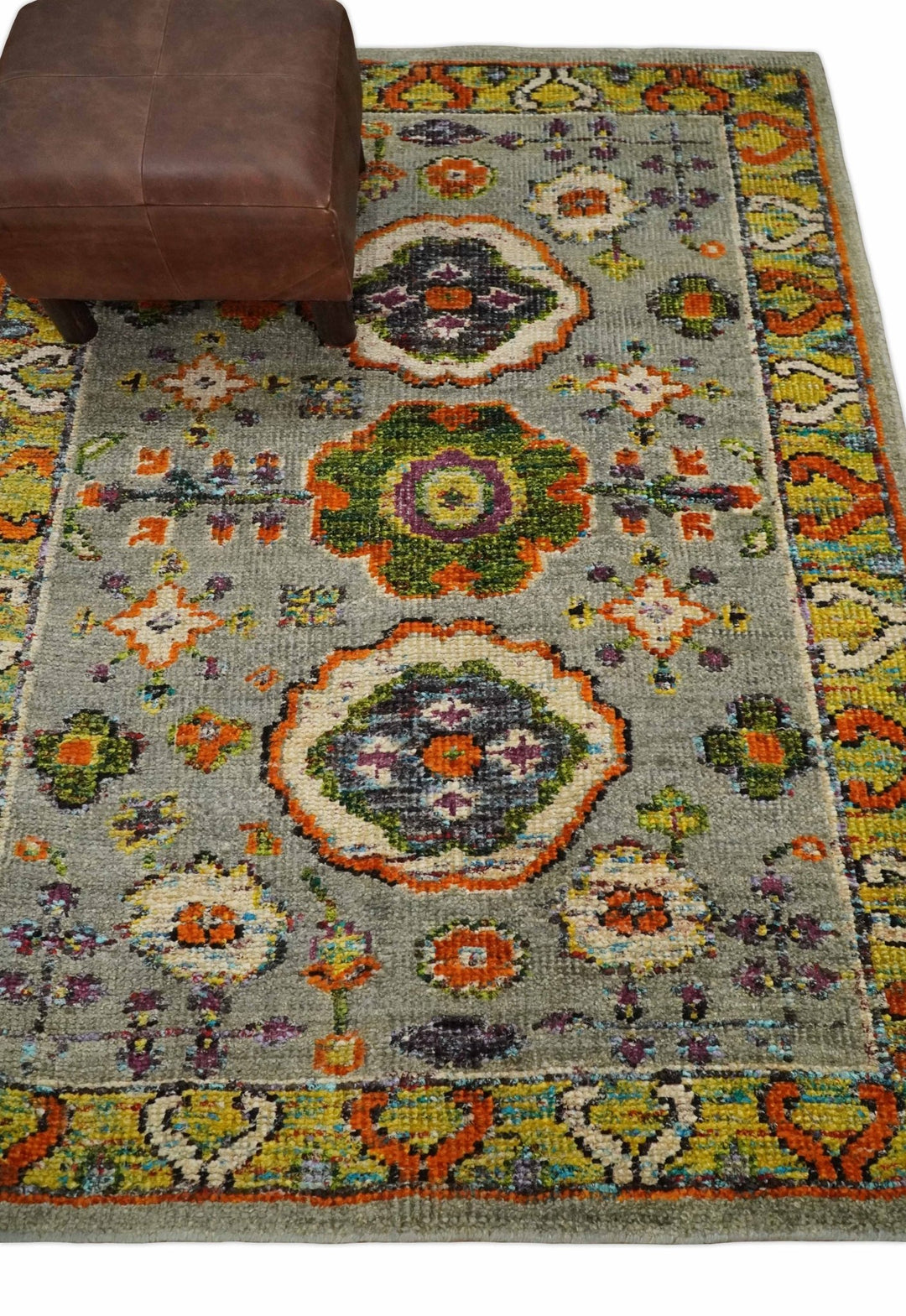 4x6 Hand Knotted Silver, Yellow and Orange Persian Oushak made of Recycled Silk Area Rug | OP58 - The Rug Decor
