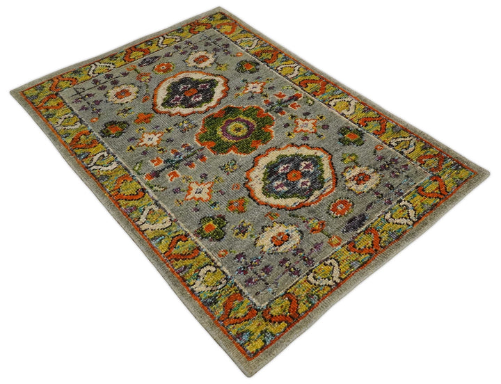 4x6 Hand Knotted Silver, Yellow and Orange Persian Oushak made of Recycled Silk Area Rug | OP58 - The Rug Decor