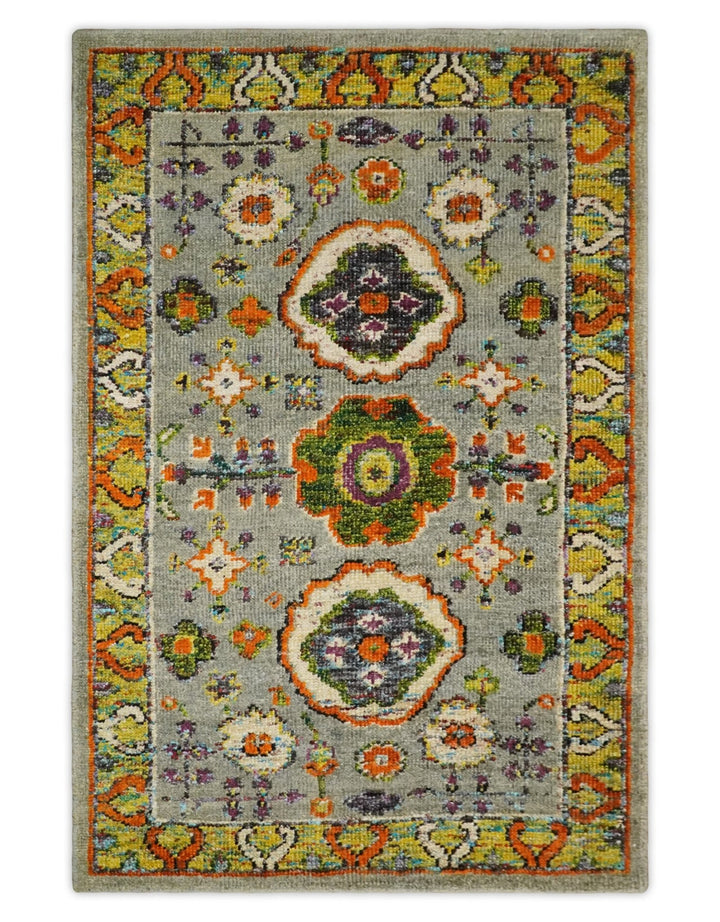 4x6 Hand Knotted Silver, Yellow and Orange Persian Oushak made of Recycled Silk Area Rug | OP58 - The Rug Decor