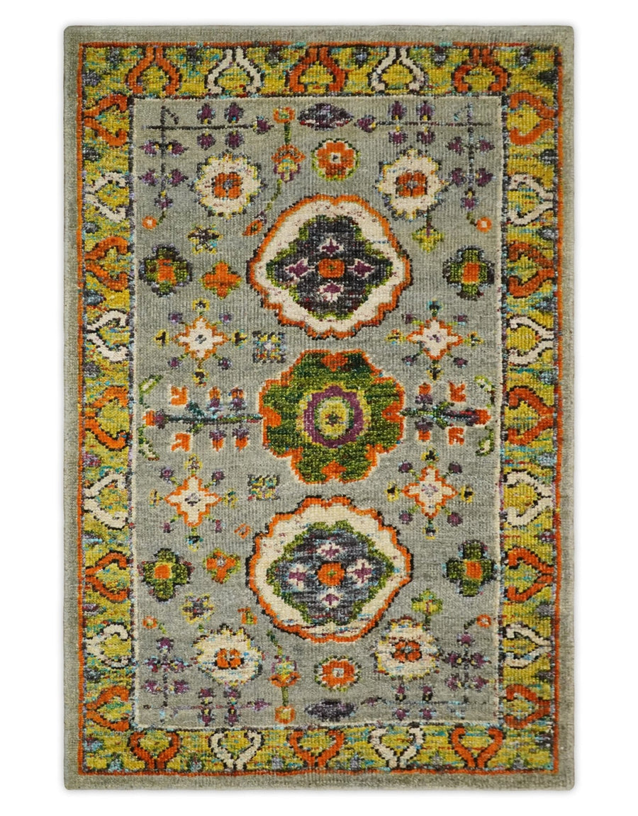 4x6 Hand Knotted Silver, Yellow and Orange Persian Oushak made of Recycled Silk Area Rug | OP58 - The Rug Decor