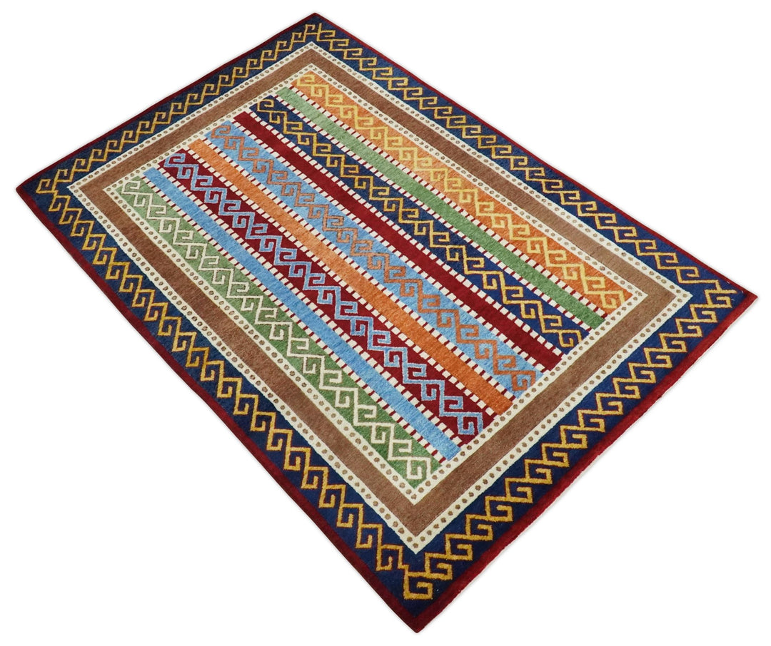 4x6 Multicolour Striped Wool Hand Woven Southwestern Gabbeh Rug| KNT16 - The Rug Decor