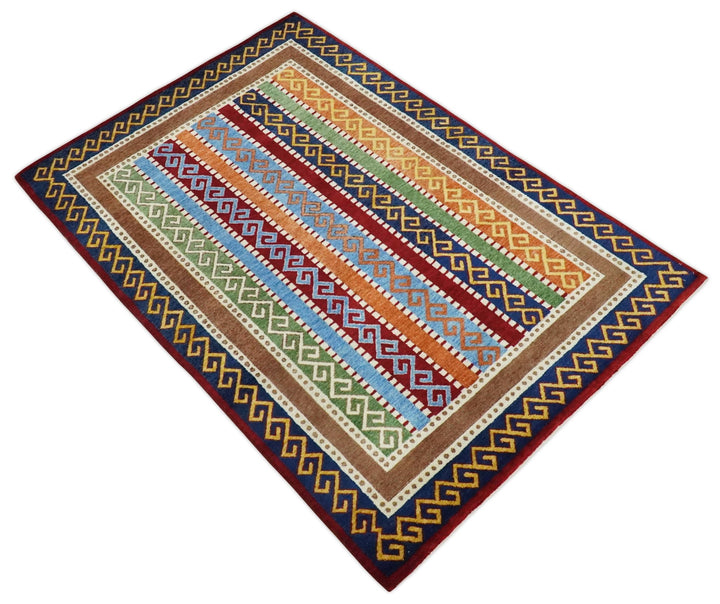 4x6 Multicolour Striped Wool Hand Woven Southwestern Gabbeh Rug| KNT16 - The Rug Decor