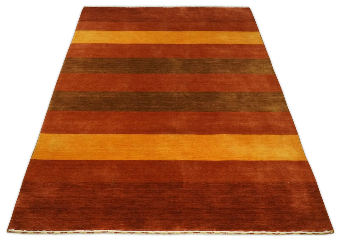 4x6 Small Rust and Gold Striped Wool Hand Woven Southwestern Gabbeh Rug| LOR20 - The Rug Decor