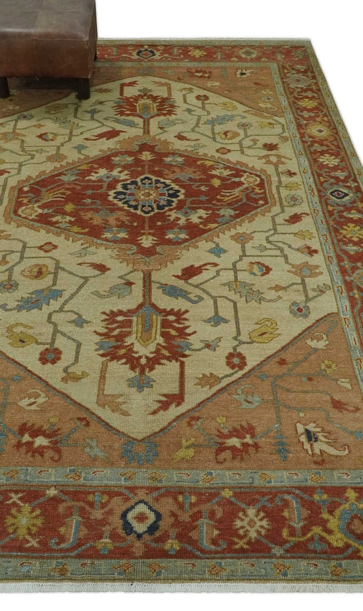 5.4x8 Hand Knotted Rust, Beige and Peach Traditional Turkish Knot Heriz wool area Rug - The Rug Decor