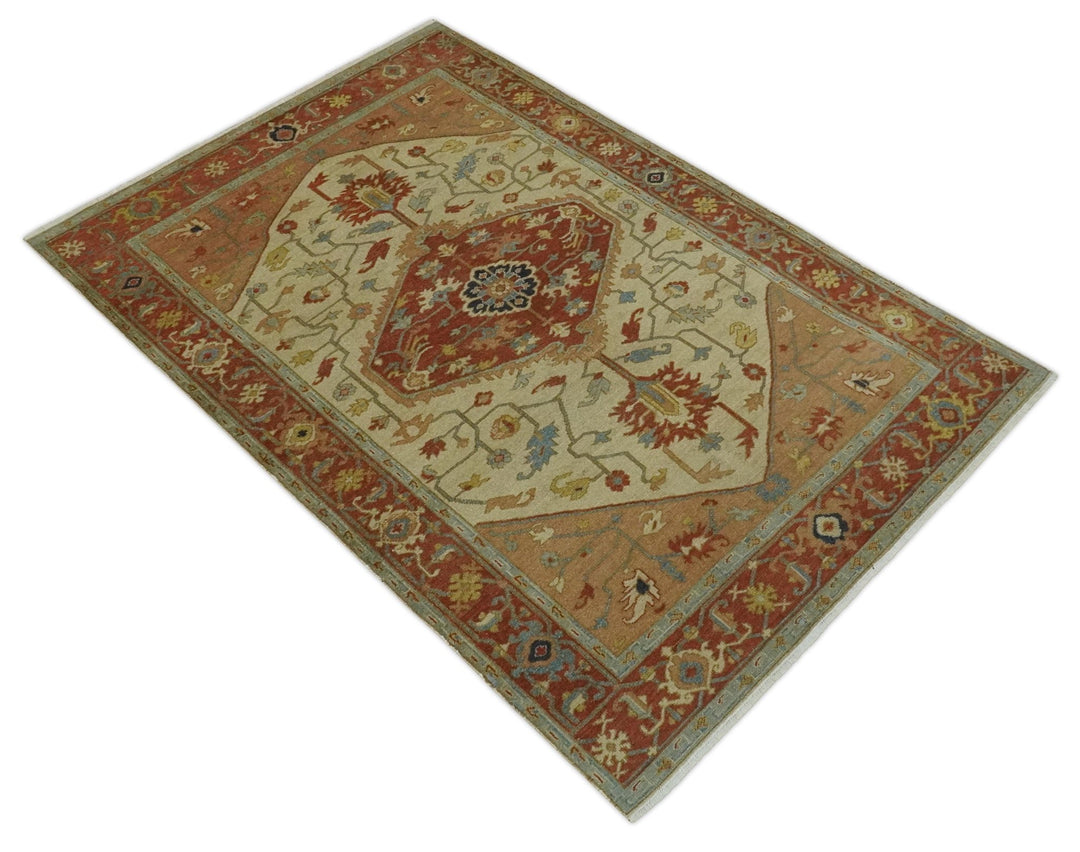 5.4x8 Hand Knotted Rust, Beige and Peach Traditional Turkish Knot Heriz wool area Rug - The Rug Decor