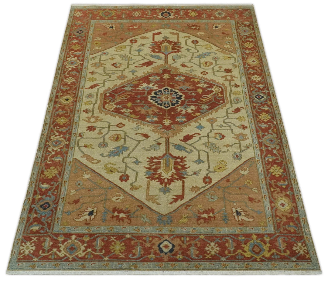 5.4x8 Hand Knotted Rust, Beige and Peach Traditional Turkish Knot Heriz wool area Rug - The Rug Decor