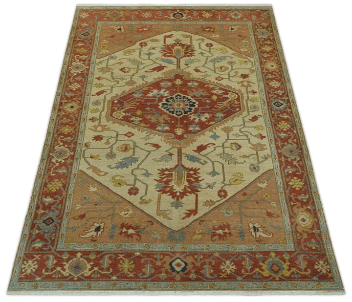 5.4x8 Hand Knotted Rust, Beige and Peach Traditional Turkish Knot Heriz wool area Rug - The Rug Decor