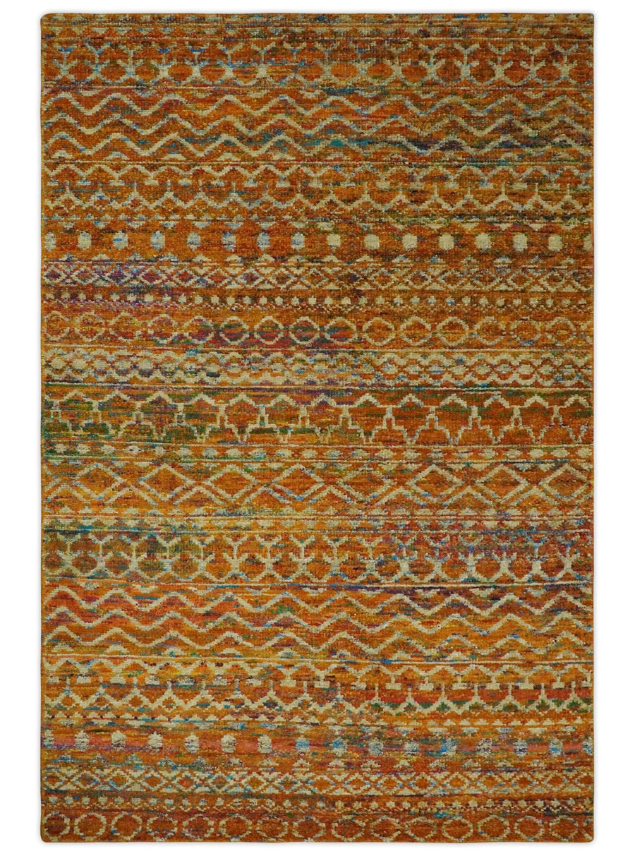 5.6x8.7 Hand Knotted Rust and Beige Modern Contemporary Southwestern Tribal Trellis Recycled wool Area Rug - The Rug Decor
