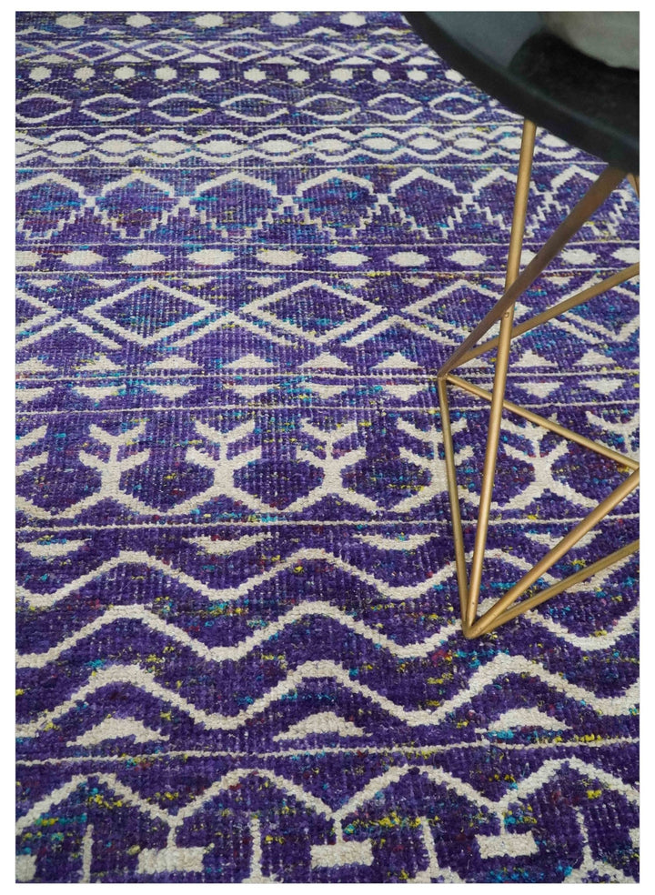 5.7x8.7 Hand Knotted Violet and Ivory Modern Contemporary Southwestern Tribal Trellis Recycled Silk Area Rug - The Rug Decor