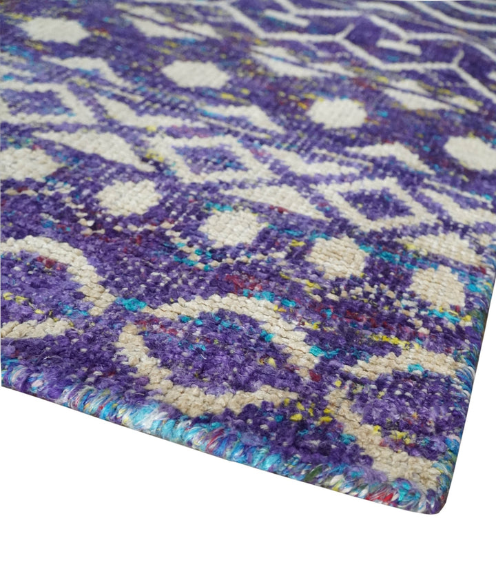 5.7x8.7 Hand Knotted Violet and Ivory Modern Contemporary Southwestern Tribal Trellis Recycled Silk Area Rug - The Rug Decor