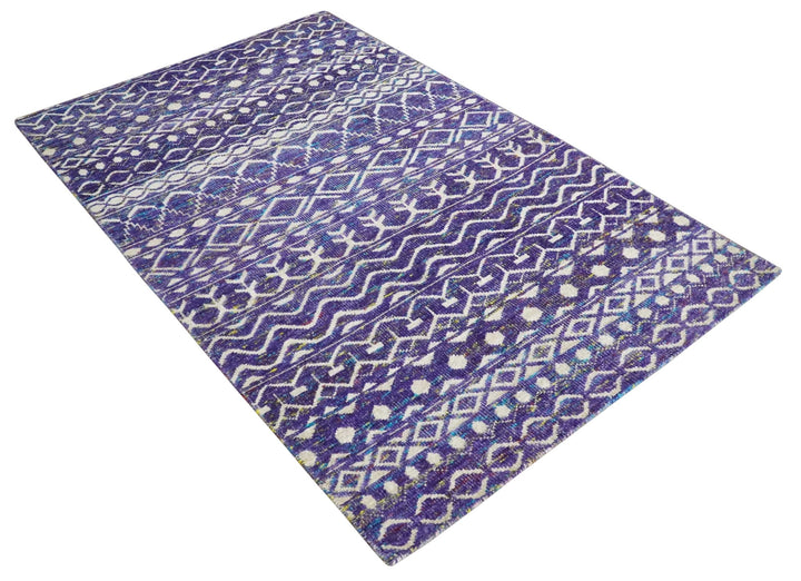 5.7x8.7 Hand Knotted Violet and Ivory Modern Contemporary Southwestern Tribal Trellis Recycled Silk Area Rug - The Rug Decor