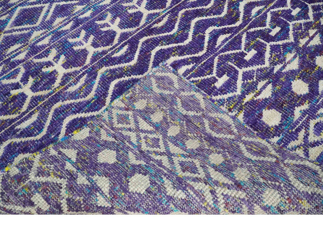 5.7x8.7 Hand Knotted Violet and Ivory Modern Contemporary Southwestern Tribal Trellis Recycled Silk Area Rug - The Rug Decor