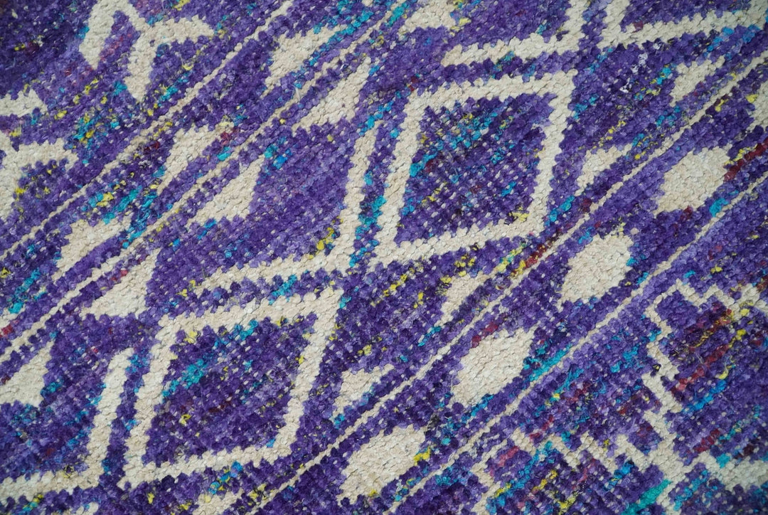 5.7x8.7 Hand Knotted Violet and Ivory Modern Contemporary Southwestern Tribal Trellis Recycled Silk Area Rug - The Rug Decor