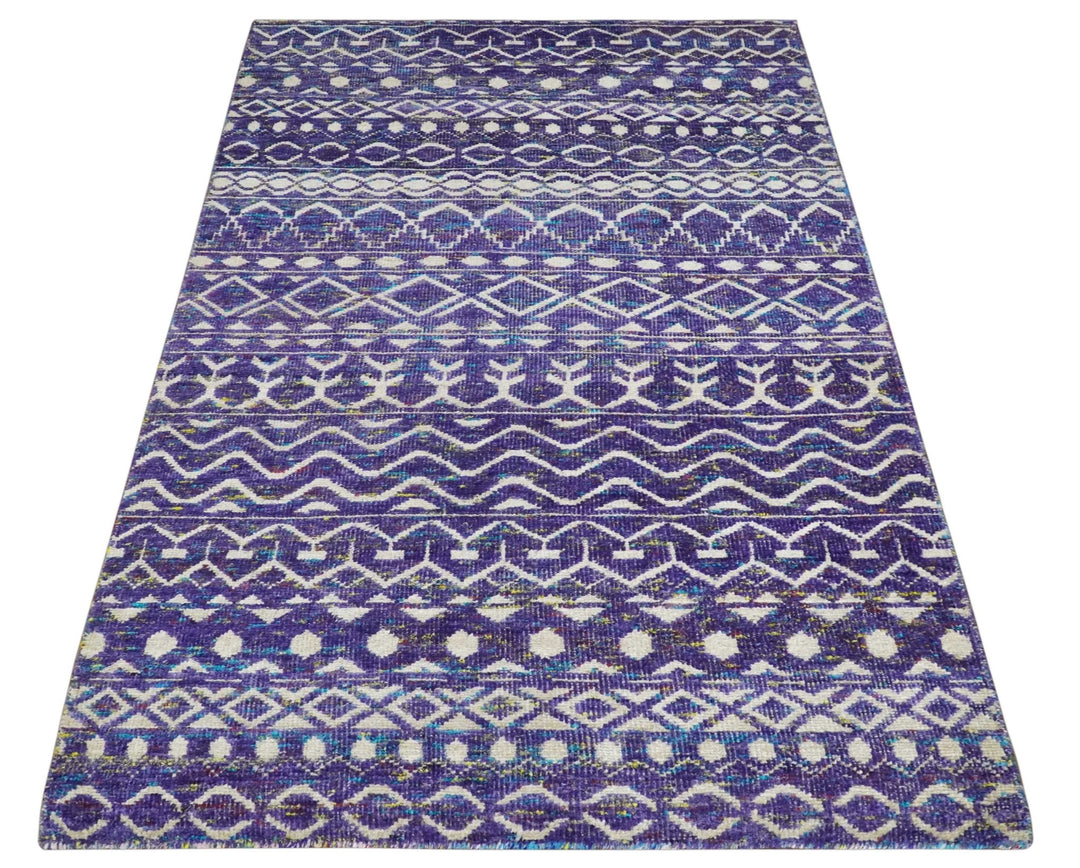 5.7x8.7 Hand Knotted Violet and Ivory Modern Contemporary Southwestern Tribal Trellis Recycled Silk Area Rug - The Rug Decor