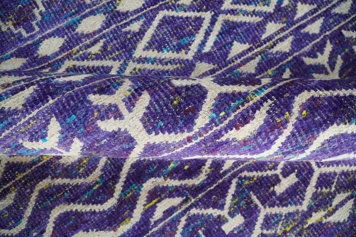 5.7x8.7 Hand Knotted Violet and Ivory Modern Contemporary Southwestern Tribal Trellis Recycled Silk Area Rug - The Rug Decor