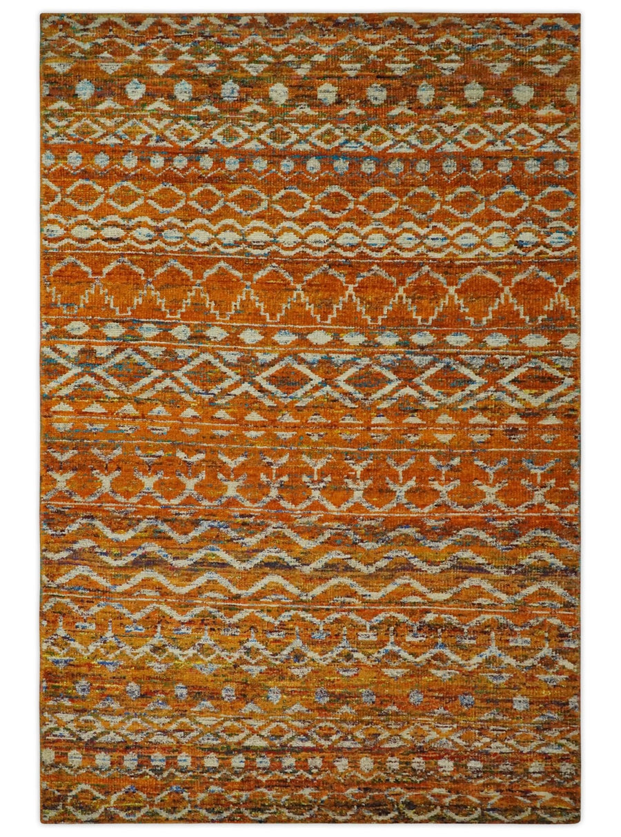 5.7x9 Hand Knotted Gold, Rust and Ivory Modern Contemporary Tribal Trellis Recycled Silk Area Rug - The Rug Decor