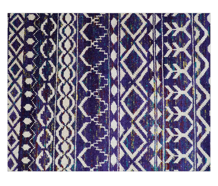 4x6 and 8x10 Hand Knotted Blue and White Modern Contemporary Southwestern Tribal Trellis Recycled Silk Area Rug | OP6