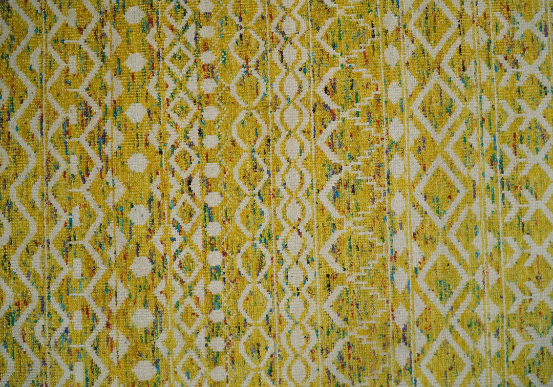 8.7x11.4 Hand Knotted Gold and White Ivory Contemporary Southwestern Tribal Trellis Recycled Silk Area Rug | OP4