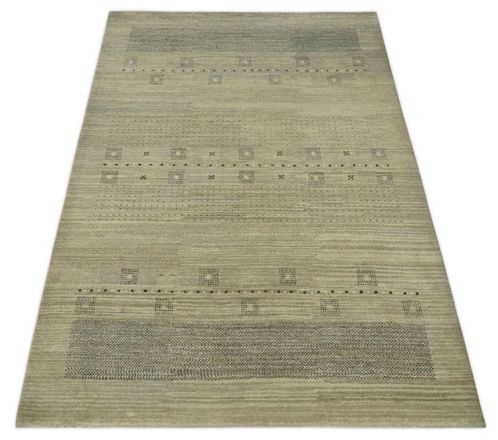 5x7 Beige and Gray Hand Spun Wool Hand Knotted Southwestern Gabbeh Rug | KNT51 - The Rug Decor